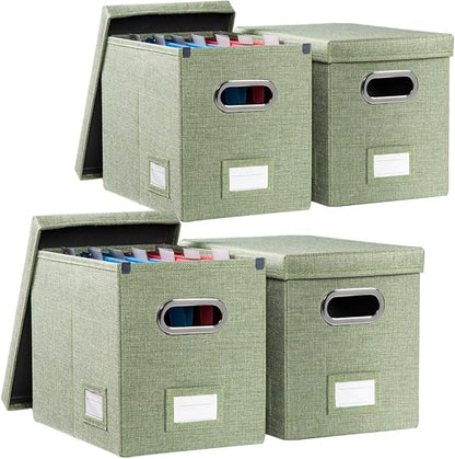 PRANDOM File Organizer Box - Set of 4 Collapsible Decorative Linen Filing Storage Hanging File Folders with Lids Office Cabinet Letter Size Green (14x9.3x10.8 inch)