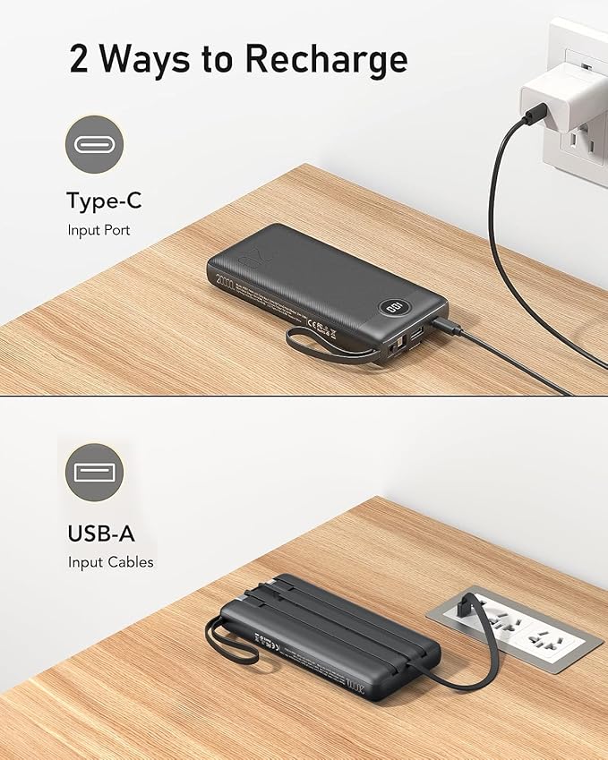 VEEKTOMX Portable Charger Built-in Cables, 20000mAh Power Bank for iPhone, Fast Charge USB C Battery Pack Travel Essentials Powerbank Compatible with iPhone 17/16/15/14, Samsung S25/24, Android, etc