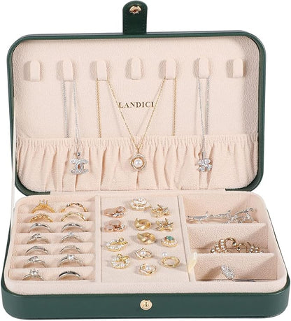 LANDICI Small Jewelry Box for Women Girls, PU Leather Travel Jewelry Organizer Case, Jewellery Storage Holder Display for Ring Earrings Necklace Bracelet Bangle Watch Men Kids Gift, Blackish Green