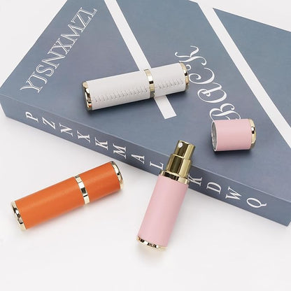 LUEXBOX 3 Pack Portable Perfume Bottle for Travel, Mini Refillable Perfume Dispenser, 5ml Faux Leather Leak Proof Perfume Atomizers Bottles Sprayer for Pocket Perfume (White, Pink, Orange)