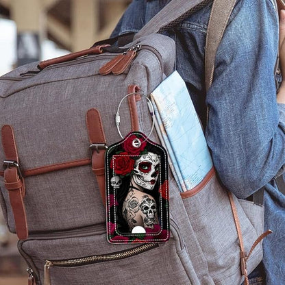 Funny PU Leather Luggage Tags 2-Pack Lady Rose Skull Cute Pattern Suitable for Suitcase Stainless Steel Loop and Address Card Essential for Cruise and Airport Travel for Men and Women