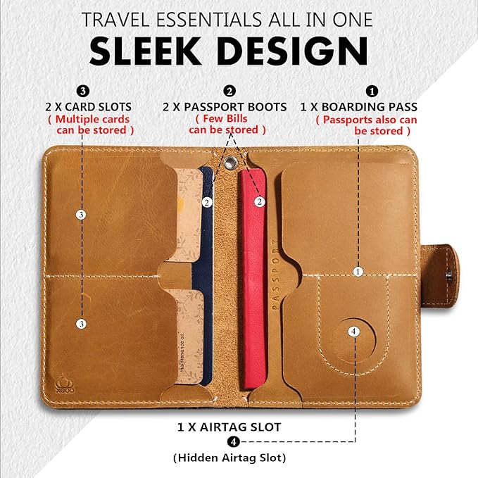 Genuine Leather Passport Holder with AirTag Slot(Hidden) | RFID Blocking Passport Holder for Travel | for 2 Passport Books | for Men Women & Family