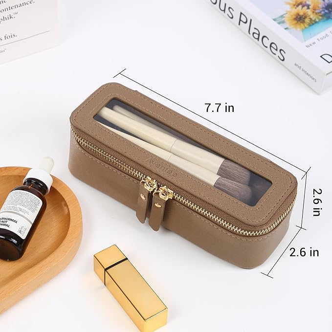 Aveniee Clear Makeup Brush Bag, Slim Cosmetic Brush Holder, Small Travel Toiletry Bag for Women, Thin Make up Bags with Dual Zipper, Mini Travel Essentials Organizer - Taupe