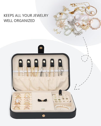 2-Layer Travel Jewelry Box for Women, Portable Jewelry Organizer with Mirror & Removable Dividers, PU Leather Jewelry Case Gift for Wife, Mom, Girlfriend (Black Beige)