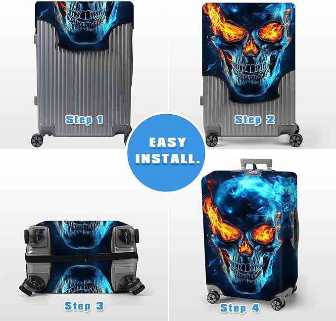 Luggage Cover Protector for 26-28 Inch Suitcases, TSA Approved Elastic Travel Suitcase Covers, Anti-Scratch Washable Luggage Sleeve for Carry On & Checked Bags, Flame Skull