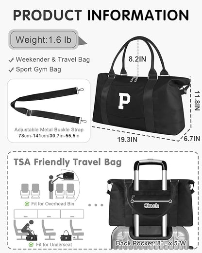 Initial Travel Duffel Bag Sports Gym Bag for Boys Teen Birthday Gifts,Black Personalized Weekender Bag Carry On Tote Bags for Men,Waterproof Overnight Luggage Bag Airplane Travel Essentials(Letter P)