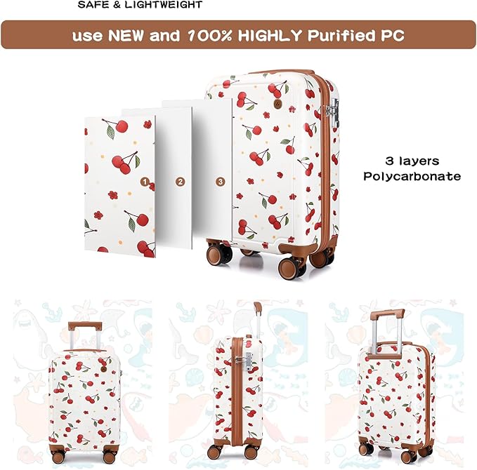 Somago 4 Piece Kid's Luggage with Backpack Set for Boys Girls Spinner 18" Hardside PC Rolling Carry on Suitcase with TSA Lock, Cherry White