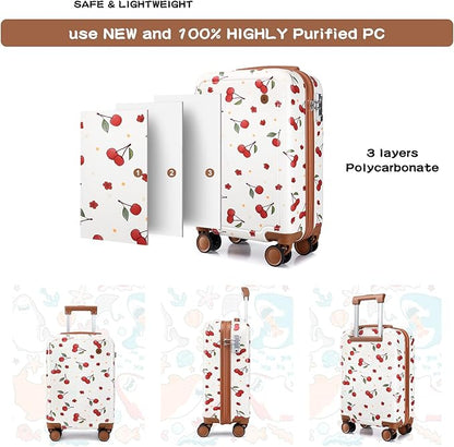 Somago 4 Piece Kid's Luggage with Backpack Set for Boys Girls Spinner 18" Hardside PC Rolling Carry on Suitcase with TSA Lock, Cherry White