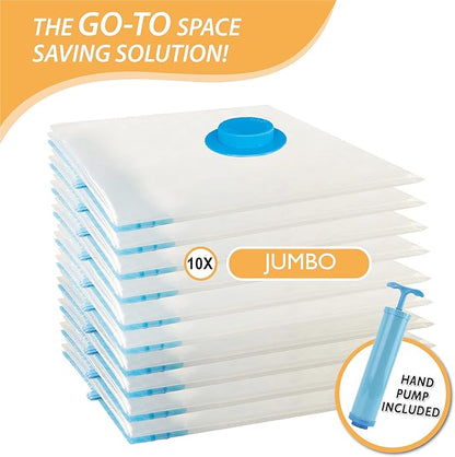 10 Jumbo Vacuum Storage Bags, Space Saver Bags Compression Storage Bags for Comforters and Blankets, Vacuum Sealer Bags for Clothes Storage, Hand Pump Included