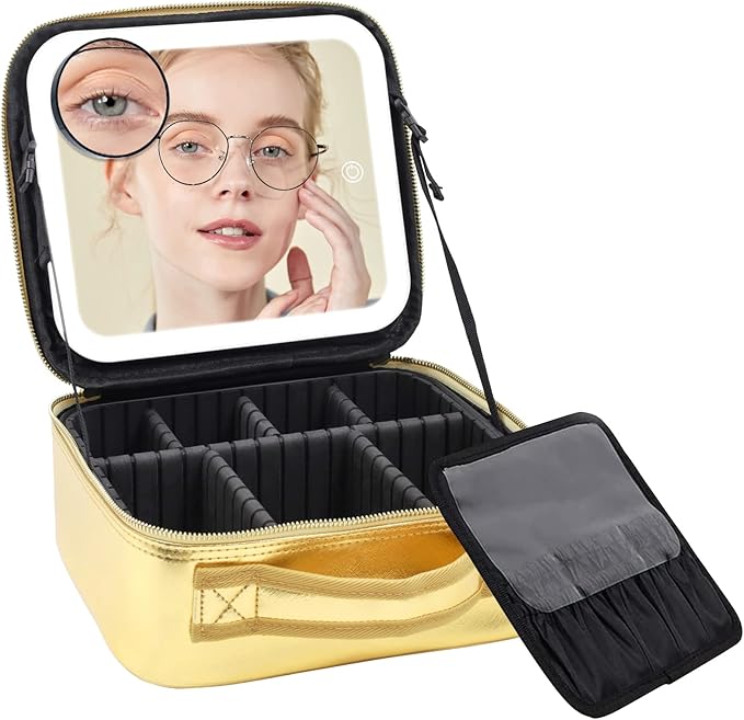 Makeup Case with Mirror and Lights, Travel Makeup Bag with Light up Mirror, Partitionable Cosmetic Bag with 3 Color Lights, Make up Organizer with Adjustable Dividers Large Brush Board