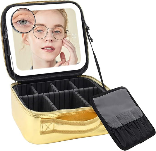 Makeup Case with Mirror and Lights, Travel Makeup Bag with Light up Mirror, Partitionable Cosmetic Bag with 3 Color Lights, Make up Organizer with Adjustable Dividers Large Brush Board