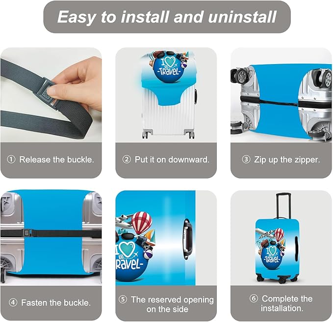 "I Love to Travel" Luggage Cover Set, Adventure Themed Suitcase Protector with Passport Stamp Prints, Elastic Fit for 18-32 Inch Bags, Wanderlust Gifts for Couples