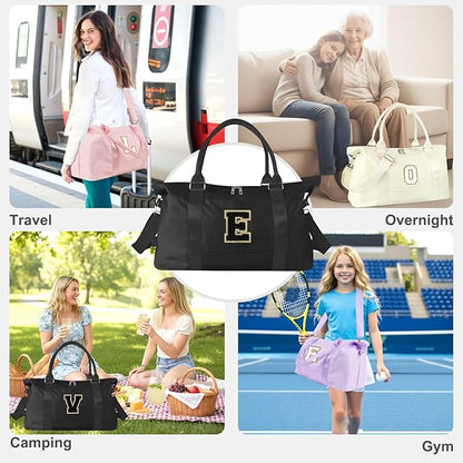 Dance Gym Duffel Bag for Teen Girls, Personalized Initial Travel Weekender Bag,Cute Overnight Carry On Duffle for Women,Sports Travel Cheer Bag,Monogram Christmas Gifts for Tween Preppy(black-E)