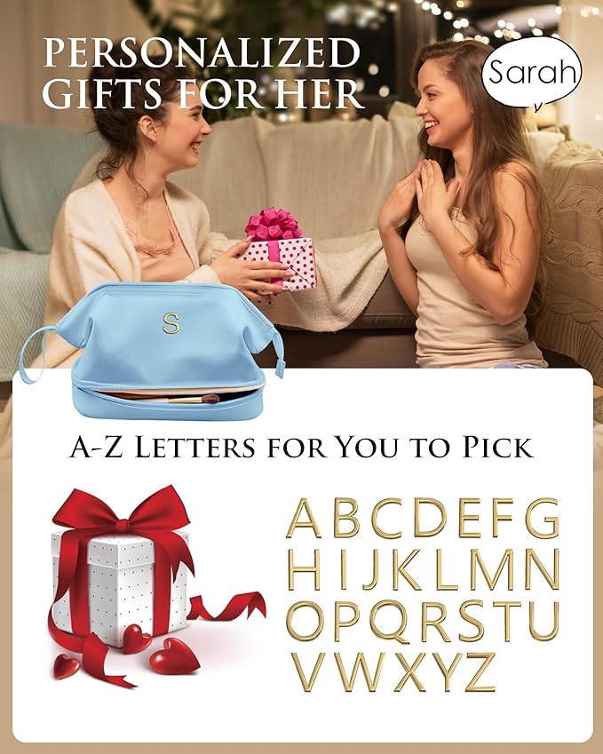 Initial Large Makeup Bag, Gift for Women Personalized Double Layer Cosmetic Bag with Makeup Brush Organizer, Teacher Gift, Large Capacity PU Leather Travel Toiletry Bag Graduation Gift