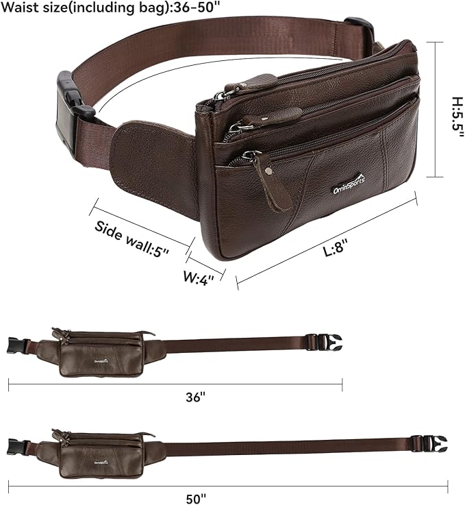 Genuine Leather Fanny Pack For Men and Women Multiple Pockets Waist Bag with Adjustable Strap for Outdoors Workout Traveling Casual Running Hiking Cycling Brown Belt Bag