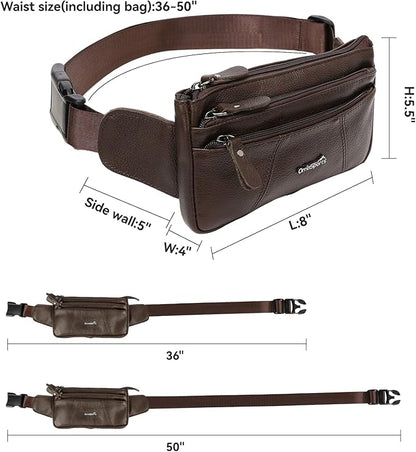 Genuine Leather Fanny Pack For Men and Women Multiple Pockets Waist Bag with Adjustable Strap for Outdoors Workout Traveling Casual Running Hiking Cycling Brown Belt Bag