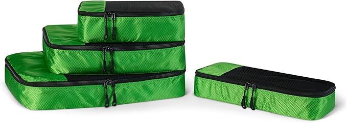 Amazon Essentials 4-Piece Packing Cubes Travel Accessories Set, Luggage Organizer with Double Zipper, Mesh Top, 100% Polyester, Small/Medium/Large/Slim, Green (Previously Amazon Basics)