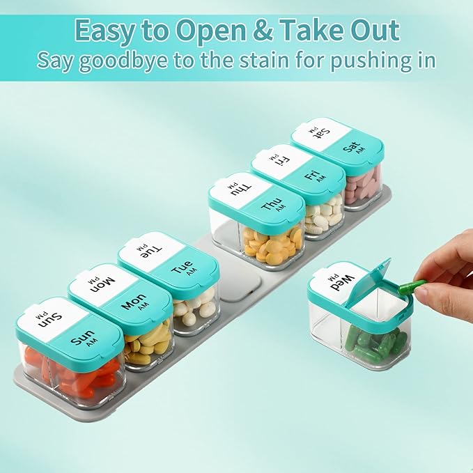 Daviky Large Weekly AM PM Pill Organizer - 7 Day, 2 Times a Day With Extra Large Compartments for Vitamins, Medicine, Supplements (Cyan)