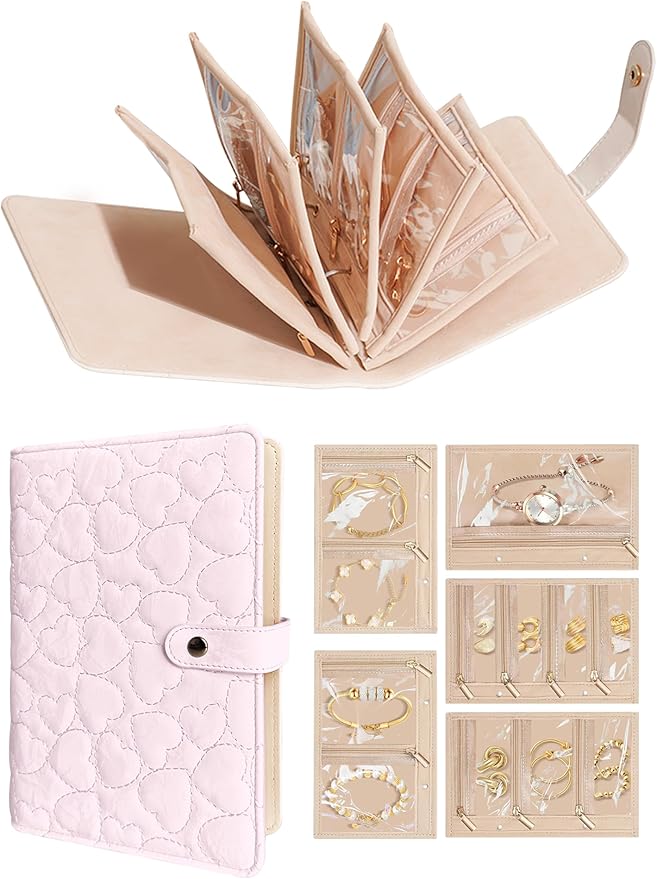 Travel Jewelry Organizer Case, Portable Jewelry Storage Roll Bag with Clear Zipper Velvet Pouch, Jewelry Holder Book Ring Binder for Bracelet, Necklace, Earring, Ring (Pink)