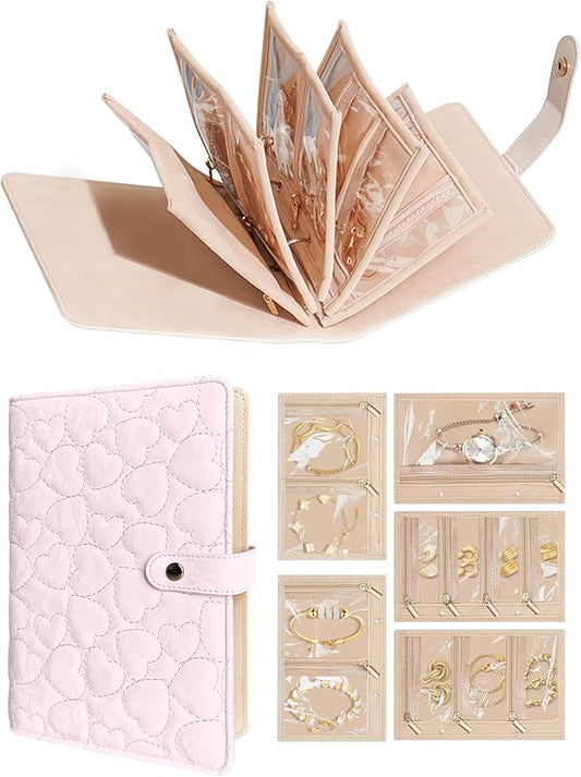 Travel Jewelry Organizer Case, Portable Jewelry Storage Roll Bag with Clear Zipper Velvet Pouch, Jewelry Holder Book Ring Binder for Bracelet, Necklace, Earring, Ring (Pink)