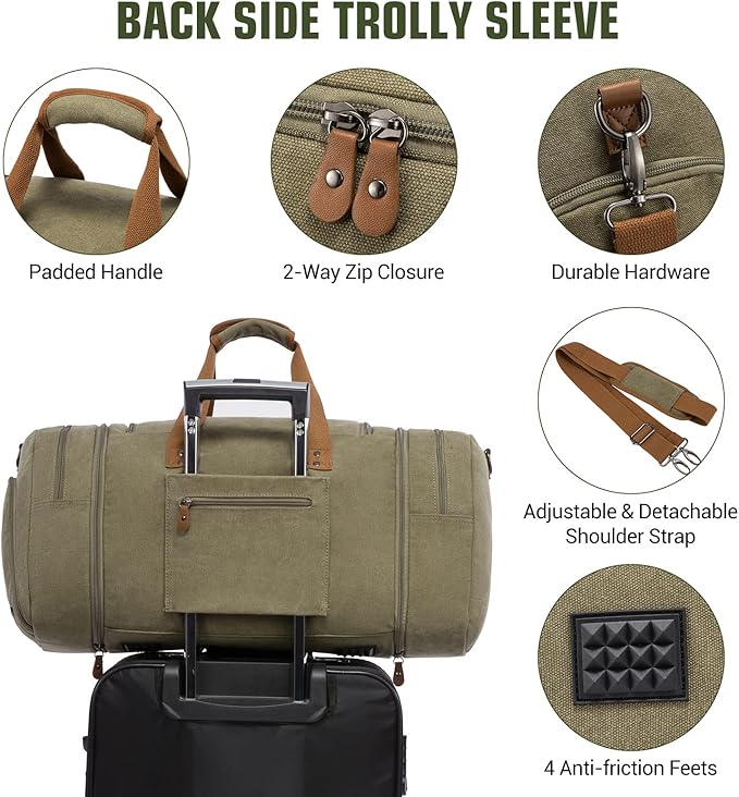 Sucipi Canvas Travel Duffel Bag for Men, Weekend Overnight Bag with Shoe Compartment and Toiletry Bag, Carry-On for Airplanes, Army green