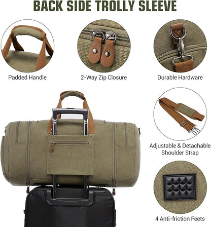 Sucipi Canvas Travel Duffel Bag for Men, Weekend Overnight Bag with Shoe Compartment and Toiletry Bag, Carry-On for Airplanes, Army green