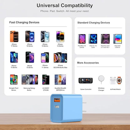 3 Pack Dual Port USB C Charger Block, 20W Power Delivery + QC3.0 USB A Double Port Fast Charging Brick for iPhone 14 15 16 17 Pro Max Plus SE X XS Cube, Quick Charge Plug Adapter (Blue)