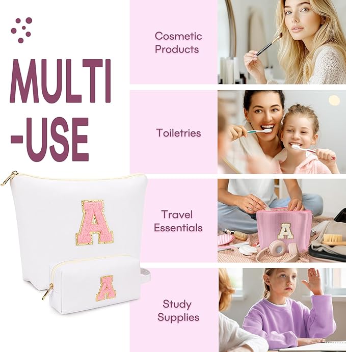 mibasies 2 PCS Initial Makeup Bags: Mothers Day Gifts for Women - Best Friend Birthday Gifts Graduation Gifts Wedding Bridesmaid Girlfriend Wife Daughter Sister Girl Gifts - White M