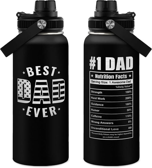 Best Dad Ever Water Bottle 32oz - Dad Bottle Stainless Steel Insulated Sports Bottles with Lid, Gifts for Father from Daughter Son, Dad Gifts for Birthday Christmas Fathers Day