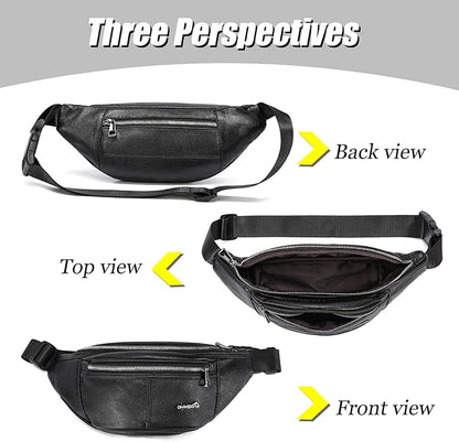 Black Fanny Pack for Men Genuine Leather Waist Bag Multiple Pockets Metal Zippers Belt Bag for Travel Hiking Cycling Fishing