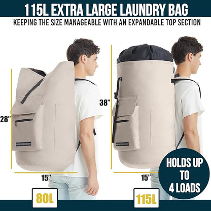 Laundry Bag Extra Large Heavy Duty, 115L Laundry Backpack, College Laundry Bag with Straps, Backpack Laundry Bags with 4 Pockets, Dorm Essential, Laundry Bags for Dorm Room, Apartment, Laundromat