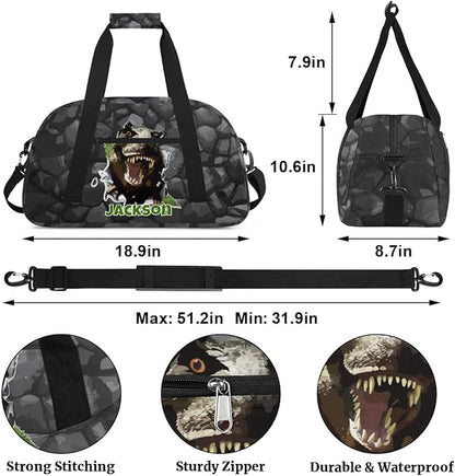 Personalized Duffel Bag for Kids Girls Boys, Scary Dinosaur Custom Name Gym Bag Overnight with Padded Handles Carry On Weekend Sports Travel Bag for School Practice Gymnastics Ballet