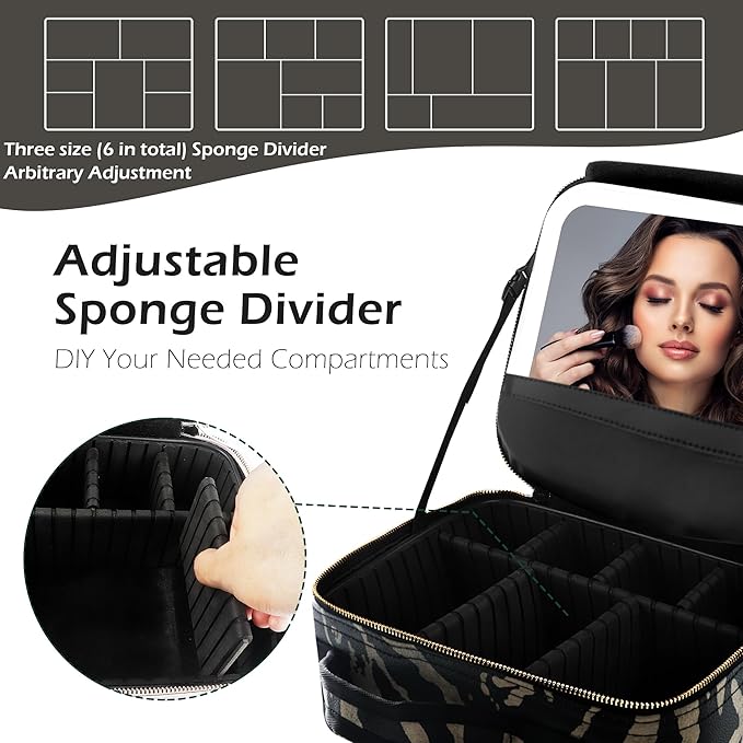 MOMIRA Travel Makeup Bag Cosmetic Bag with Lighted Mirror, Adjustable Brightness in 3 Color Scenarios, Waterproof, 10x Magnifying Mirror, Rotatable Independent Light Mirror- Zebra-Beige