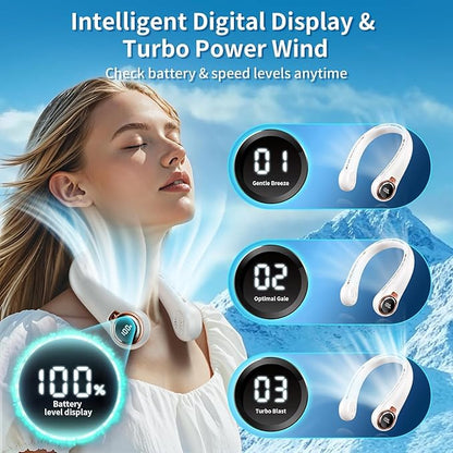 Portable Neck Fan with 6000mAh USB - Rechargeable Battery, Ultra-Light Bladeless Neck Fan LED Display, 360° Cooling Wearable Fan, 3 Speeds (White)