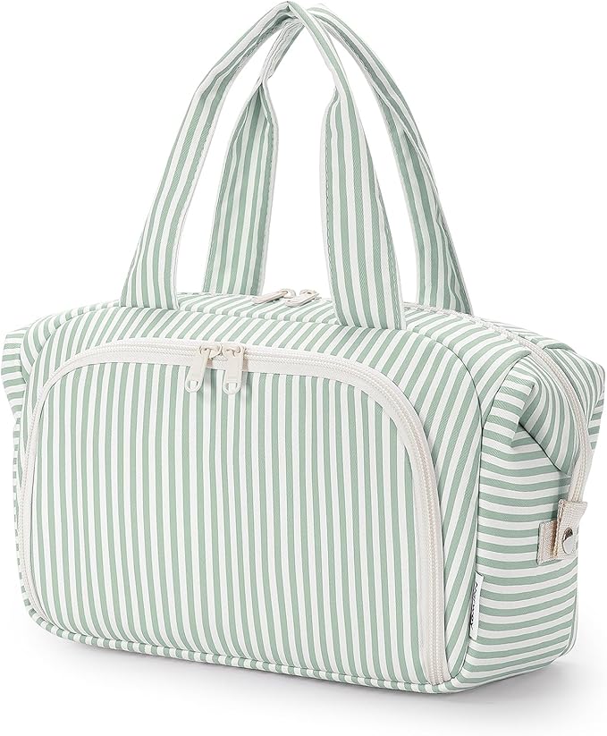 Narwey Travel Toiletry Bag, Wide-open Large Toiletry Bags for Traveling Women, Checkered Travel Bag for Toiletries Cosmetic Makeup Bag Organizer, Skincare Make Up Bag (Mint Green Stripe)