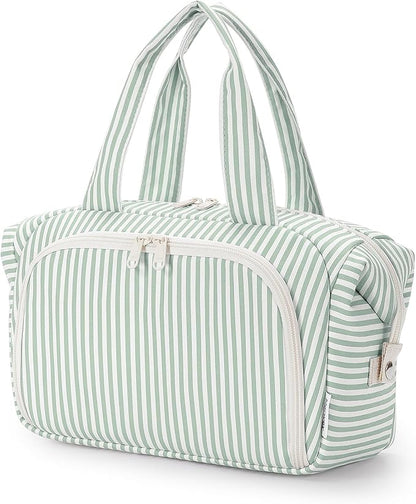 Narwey Travel Toiletry Bag, Wide-open Large Toiletry Bags for Traveling Women, Checkered Travel Bag for Toiletries Cosmetic Makeup Bag Organizer, Skincare Make Up Bag (Mint Green Stripe)