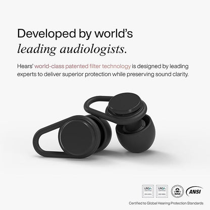 Hears Ear Plugs for Noise Protection - Patented Concert Earplugs, 20dB SNR Sound Reduction, Hypoallergenic Ear Plugs for Sleeping Noise Cancelling with 4 Ear Tip Sizes Included - Jet Black