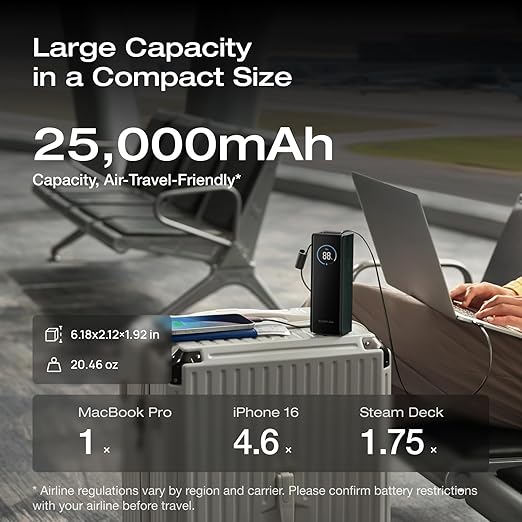 EF ECOFLOW Rapid Power Bank, 25,000mAh, 170W, 100W Built-in and Retractable Cables, Portable Charger with Triple 100W USB-C Port, Compatible with iPhone 17/16/15/14, Samsung, Laptop and More, Green