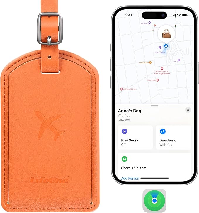 Luggage Tags Built-in Anti-Loss Tracker, Luxury Leather Luggage Tags for Suitcase, Travel Bags, Backpacks, Travel Organizer for Lost Baggage Prevention (Orange)