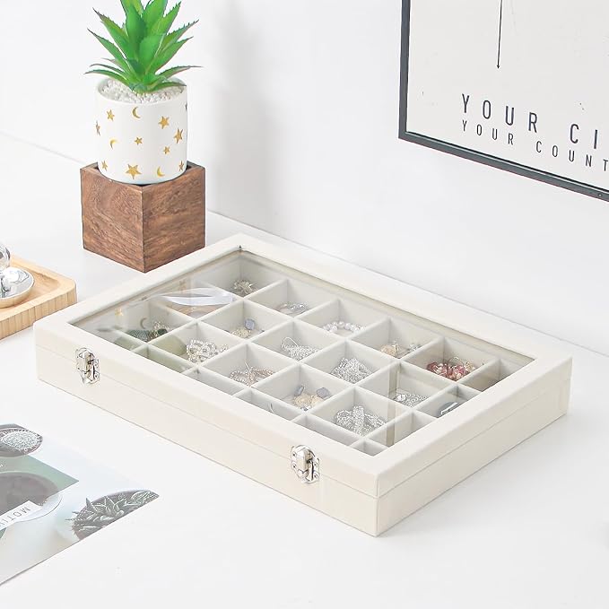 Coward Jewelry Organizer Box, Beige Velvet 24 Grids Ring Earring Jewelry Display Tray Case with Transparent Glass Lid for Home Drawer or Shop Selling