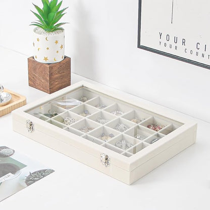 Coward Jewelry Organizer Box, Beige Velvet 24 Grids Ring Earring Jewelry Display Tray Case with Transparent Glass Lid for Home Drawer or Shop Selling