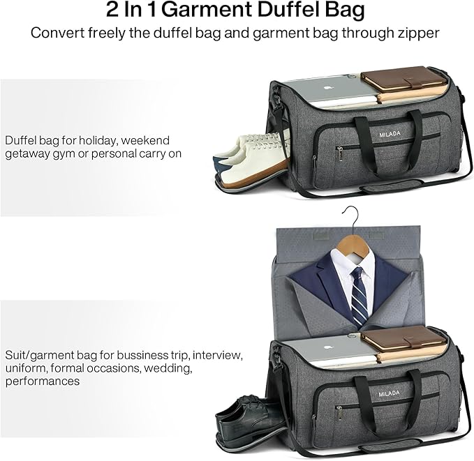 MILADA Convertible 2-in-1 Garment Duffel Weekender Bag Carry On Garment Bags for Travel Hanging Clothes Suit Bag Foldable Personal Item Business Overnight Bag with Shoe Compartment, Dark Grey
