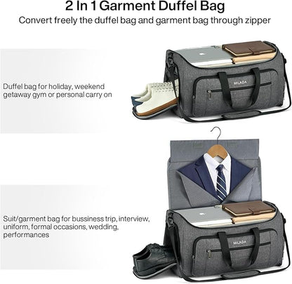MILADA Convertible 2-in-1 Garment Duffel Weekender Bag Carry On Garment Bags for Travel Hanging Clothes Suit Bag Foldable Personal Item Business Overnight Bag with Shoe Compartment, Dark Grey
