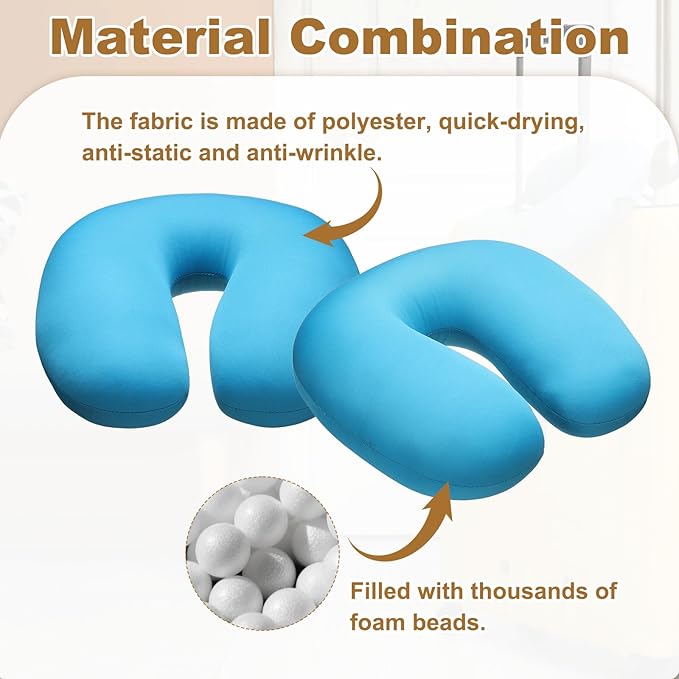 HARFINGTON 2pcs Travel Pillow Airplane Neck Pillow U-Shaped Filled with Foam Beads Stuffable Classic for Sleeping Neck Chin Lumbar Support, Light Blue