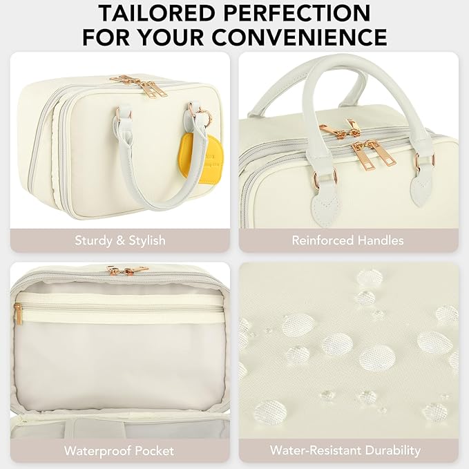 Travel Makeup Bag for Women Fashion Large Capacity Pouch Open Flat Cosmetic Portable Organizer Waterproof Large Opening Storage Toiletry Bags Vertical Free-Standing Brush Holder for Easy Access Beige