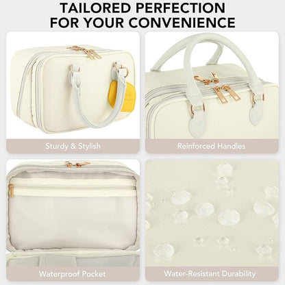 Travel Makeup Bag for Women Fashion Large Capacity Pouch Open Flat Cosmetic Portable Organizer Waterproof Large Opening Storage Toiletry Bags Vertical Free-Standing Brush Holder for Easy Access Beige