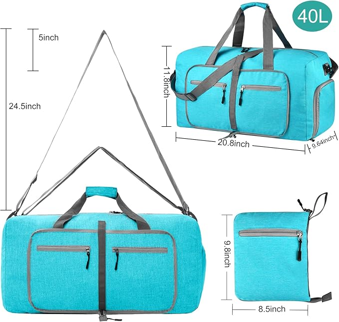 Dimayar 40L Travel Duffle Bag for Men Women - Foldable Duffel Bag with Shoes Compartment - Overnight Bags Waterproof & Tear Resistant(Mint Green)