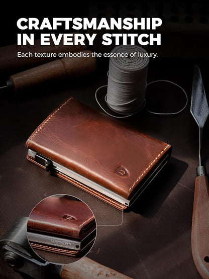 LORZOR Wallet for Men with Metal Card Holder, Pop Up Wallet, Finest Full Grain Leather Trifold Wallet, Smart, Minimalist, RFID Blocking, Front Pocket, ID Window, VintageBrown/Silver