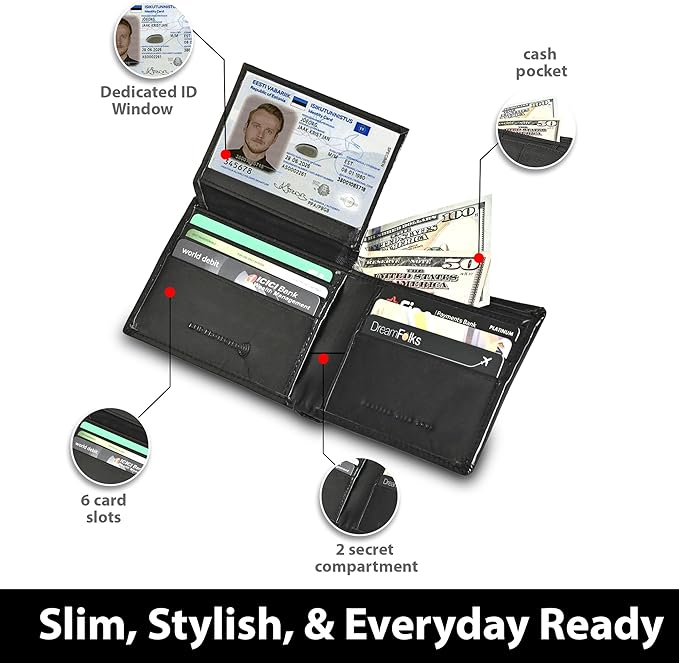 Hum & Hide Full-Grain Leather Wallet for Men – RFID Blocking Slim Bifold Wallet with ID Window, 8 Card Slots & Cash Compartment – Minimalist Black Leather Gift Wallet