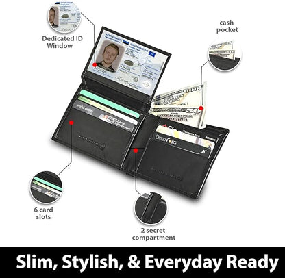 Hum & Hide Full-Grain Leather Wallet for Men – RFID Blocking Slim Bifold Wallet with ID Window, 8 Card Slots & Cash Compartment – Minimalist Black Leather Gift Wallet